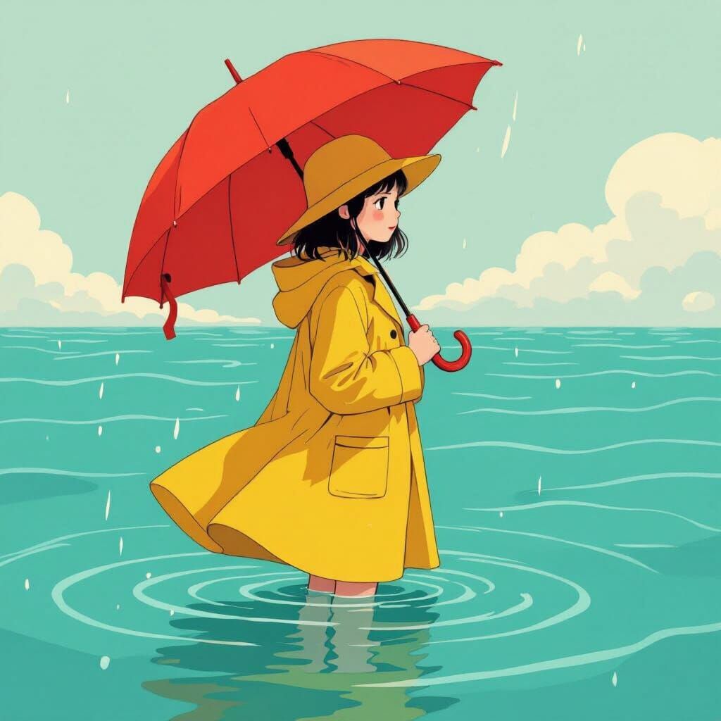 Girl with Red Umbrella in Turquoise Ocean, Miyazaki Style
