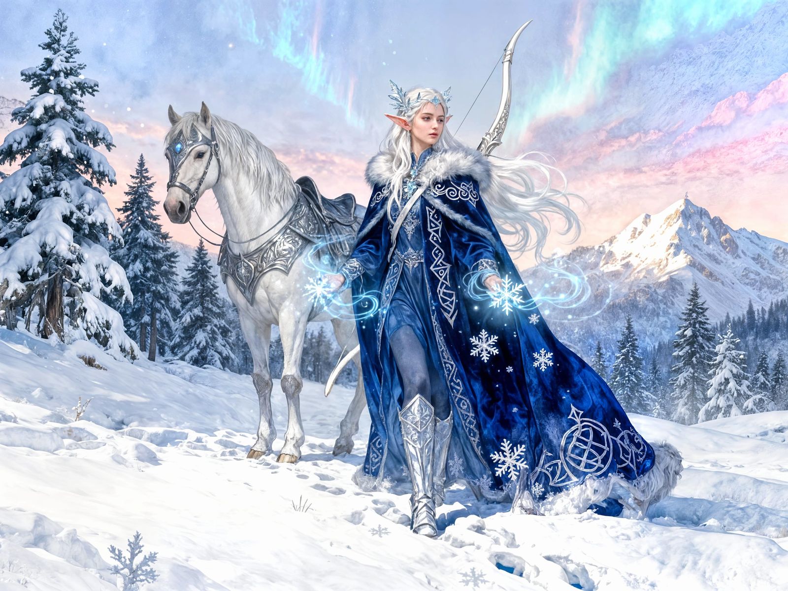 A magnificent elf standing in a vast snow-covered landscape,...