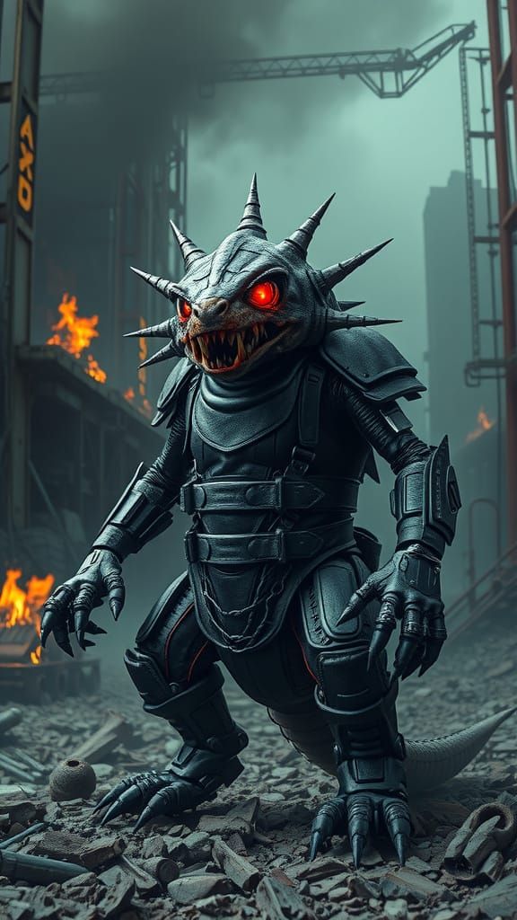 Cyborg armadillo figure in black leather armor with spiked, razor-sharp blades and chainsaw-like limbs, stands amidst bu...