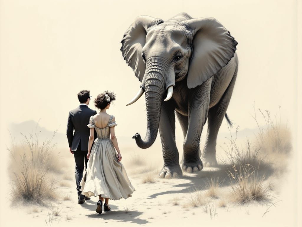 Steampunk Couple's Safari Encounter in Charcoal Sketch Style