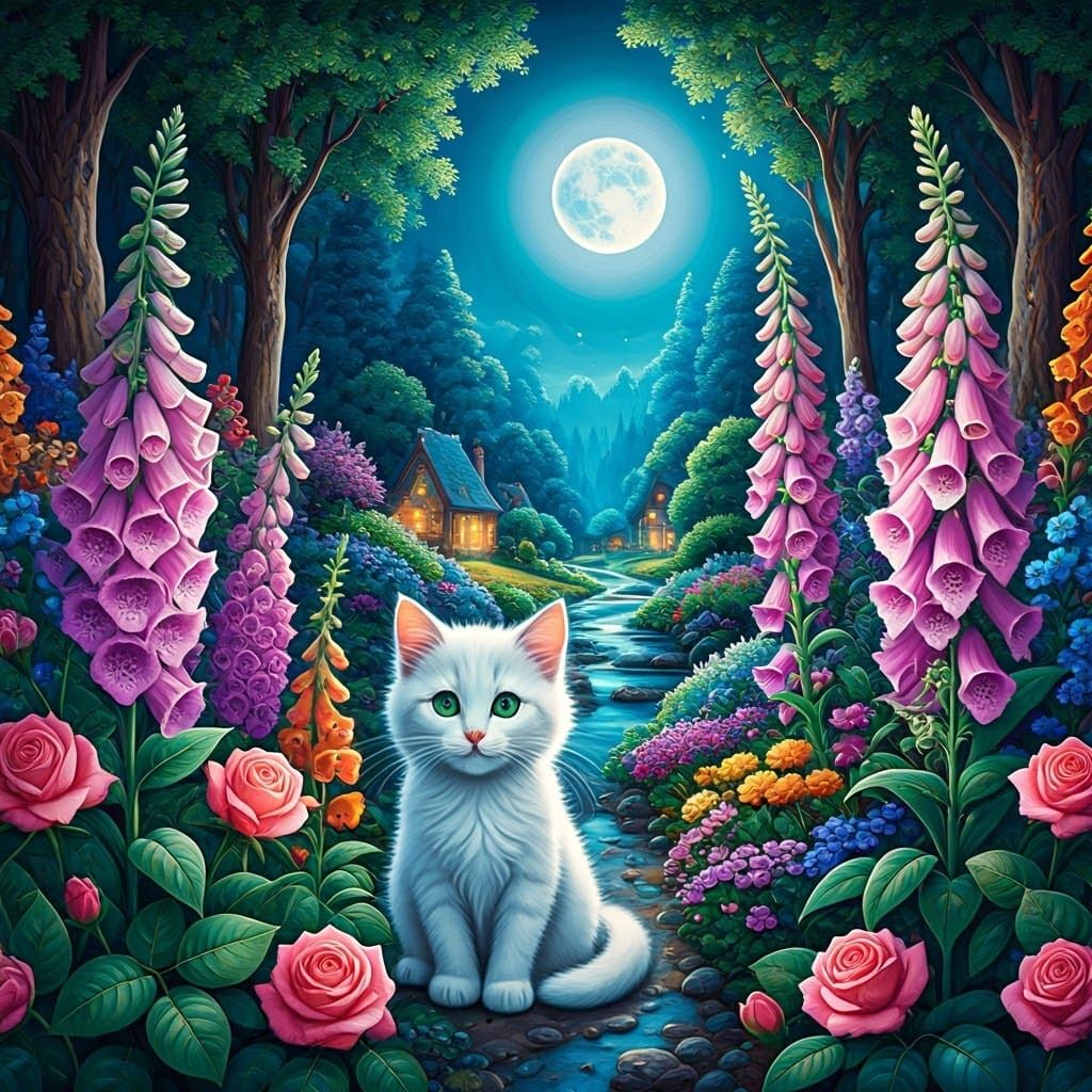 Enchanting Naive Art Cat with Roses and Moon