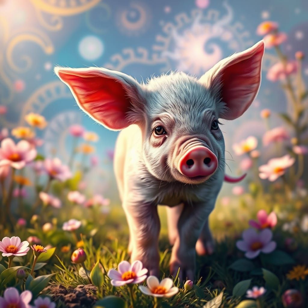 Whimsical Fantasy Piglet in Dreamlike Landscape