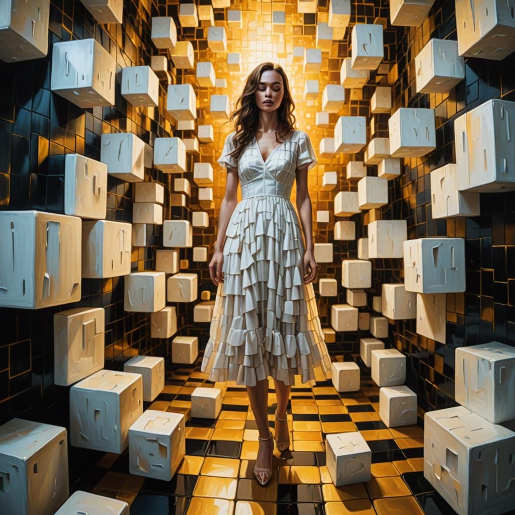 Surreal Woman in Cubist Room, Vibrant Oil Painting