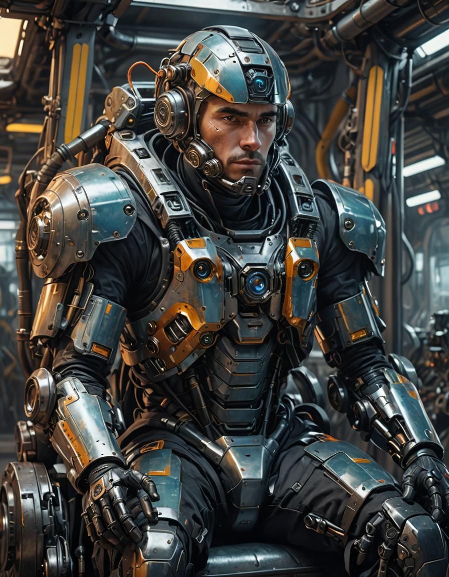A man with an exoskeleton suit.