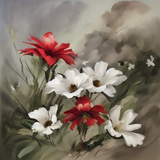 Red and White Spider Flowers in Ink Splash Style