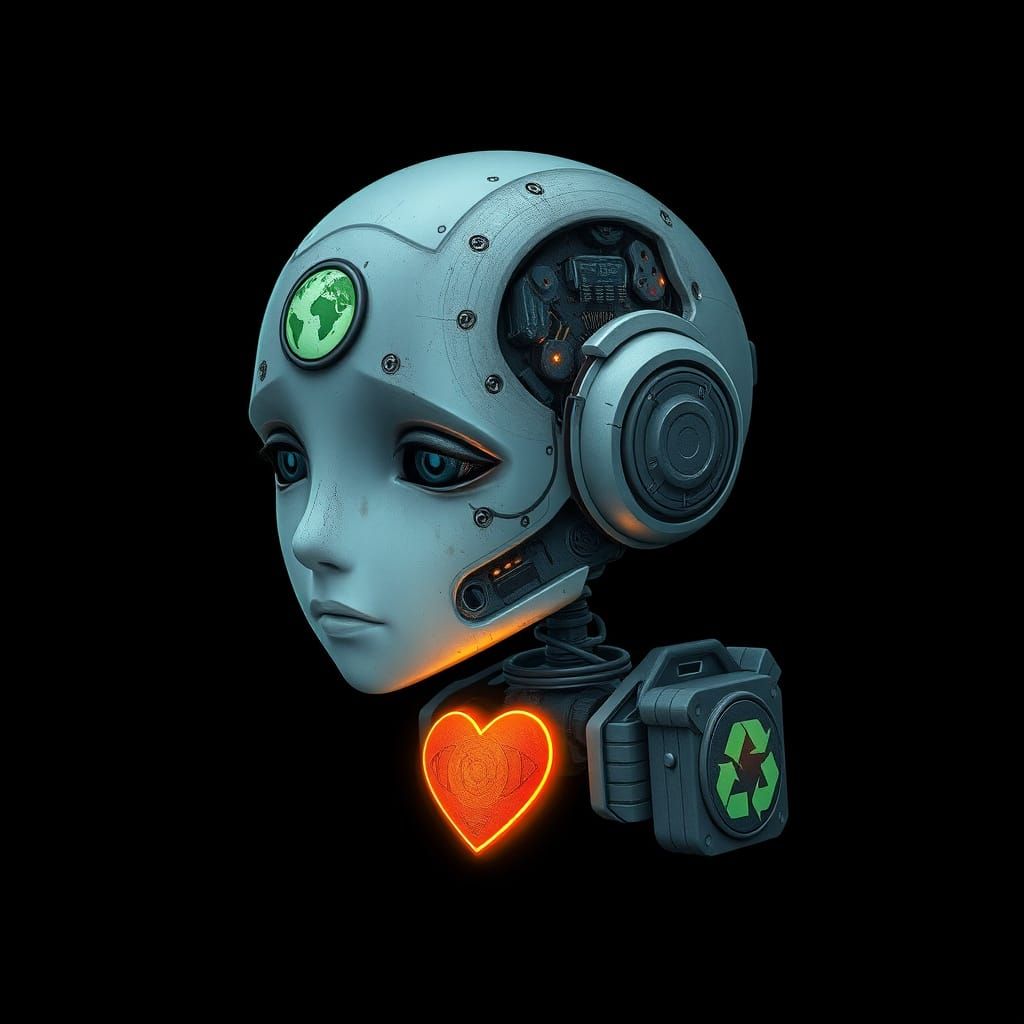 Sad Postapocalyptic Robot Head with Recycle Symbol and Heart...