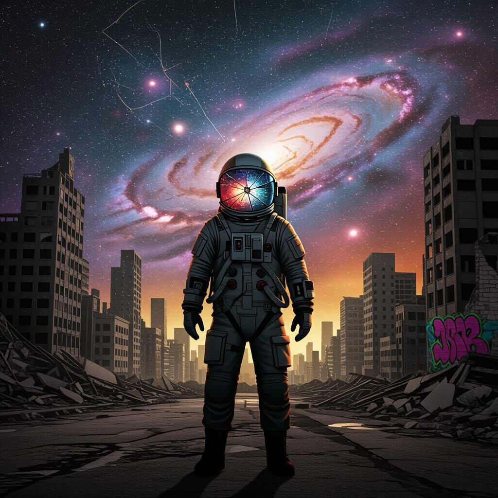 Astronaut in Crumbling Cityscape Under Nebula Sky