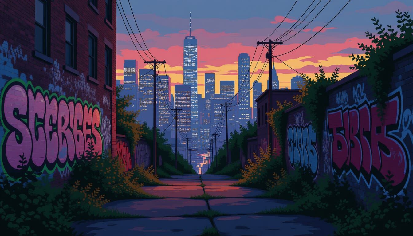 Dystopian Cityscape at Dusk with Urban Graffiti