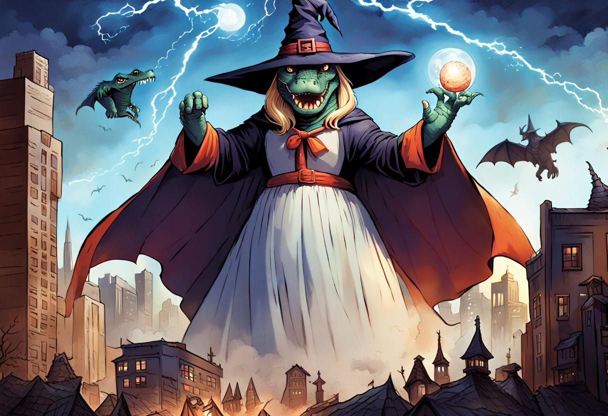 Kaiju Crocodile Witch in Comic Book Art