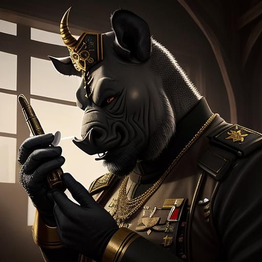 Anthropomorphic Javan Rhinoceros Warden with Golden Horn