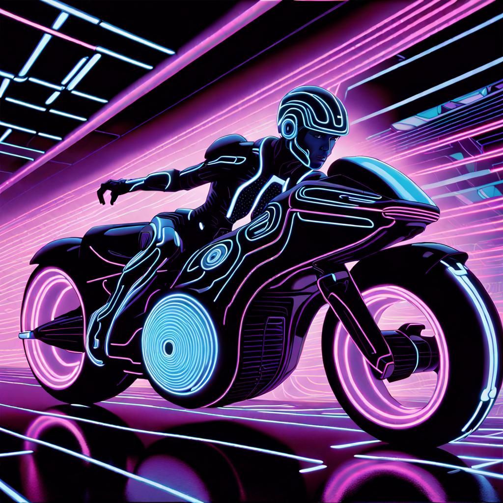 Futuristic Lightcycle in Black Light Art Style