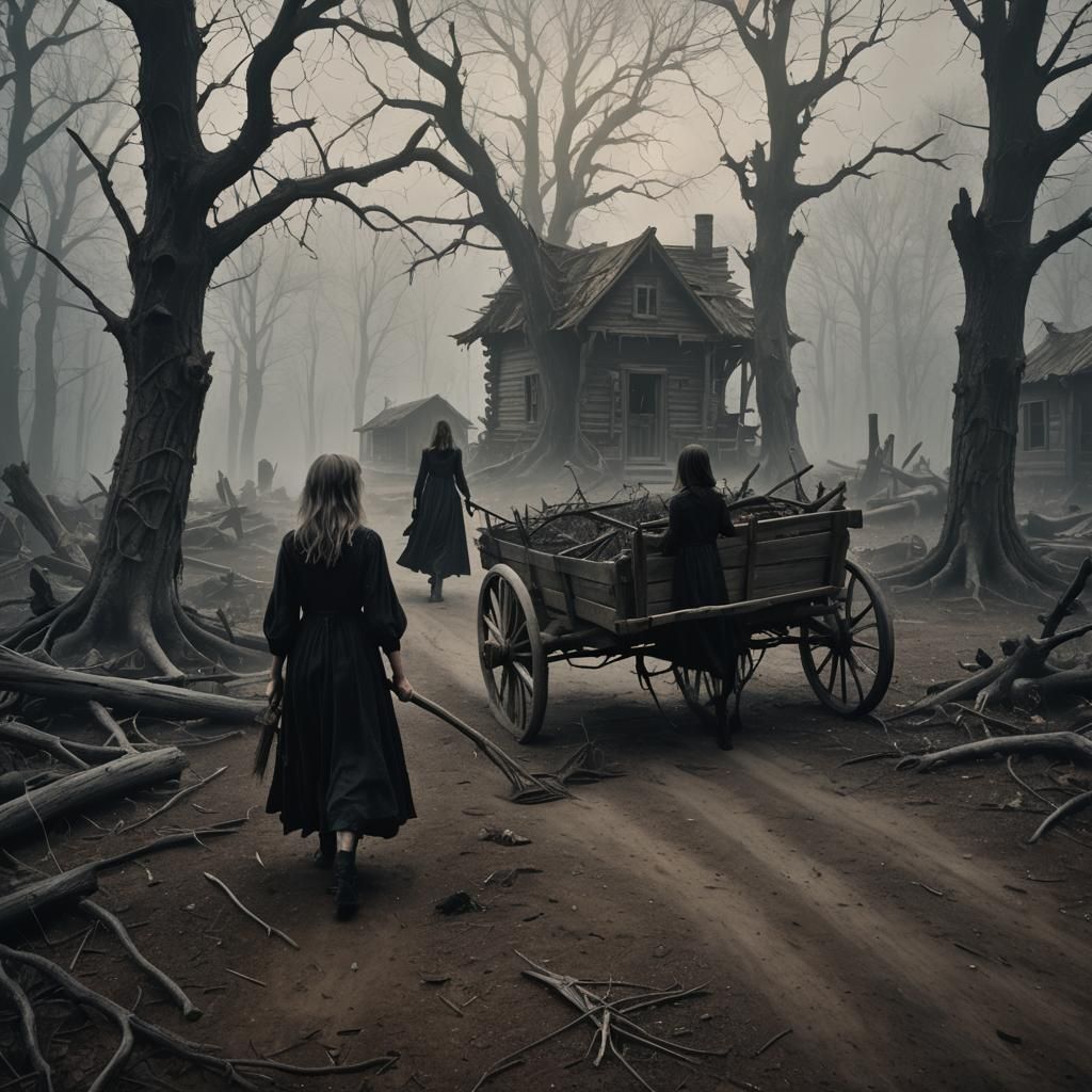 Eerie Witch Hauling Stolen Children Through Misty Forest