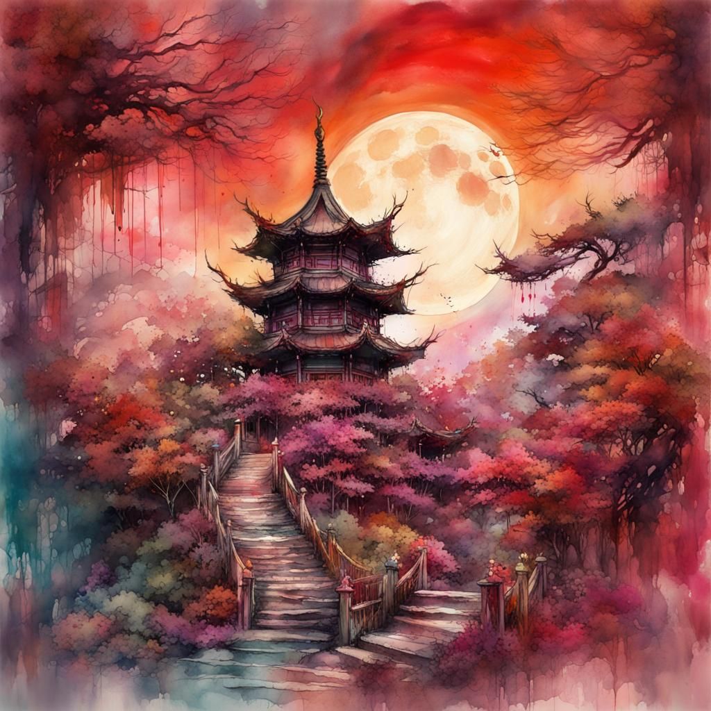 Chinese Pagoda Bloodmoon in Digital Watercolor Illustration