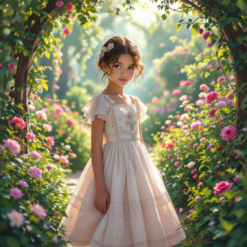 Girl in Whimsical Garden with Ethereal Lighting
