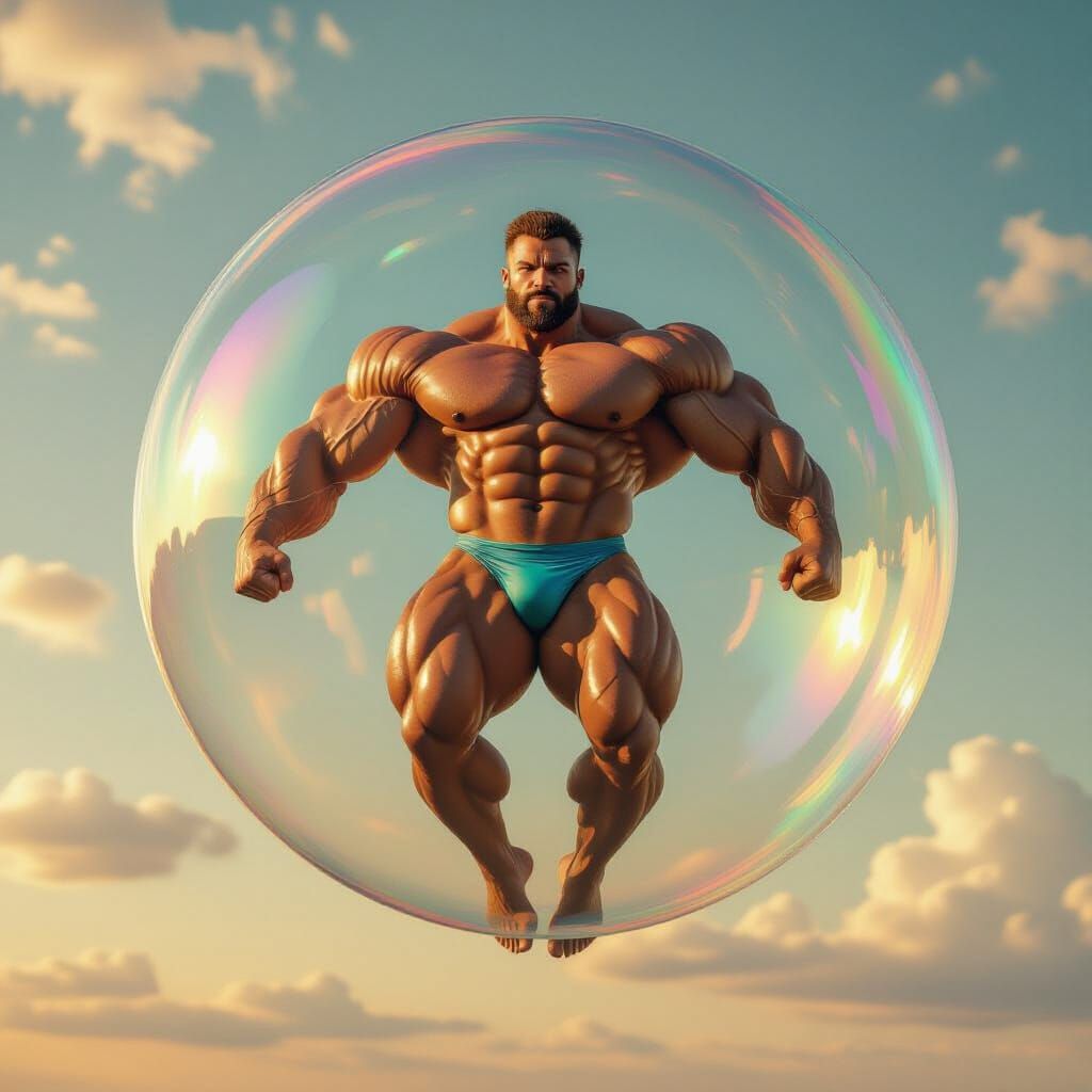 Bodybuilder in Iridescent Bubble: Surreal Digital Art