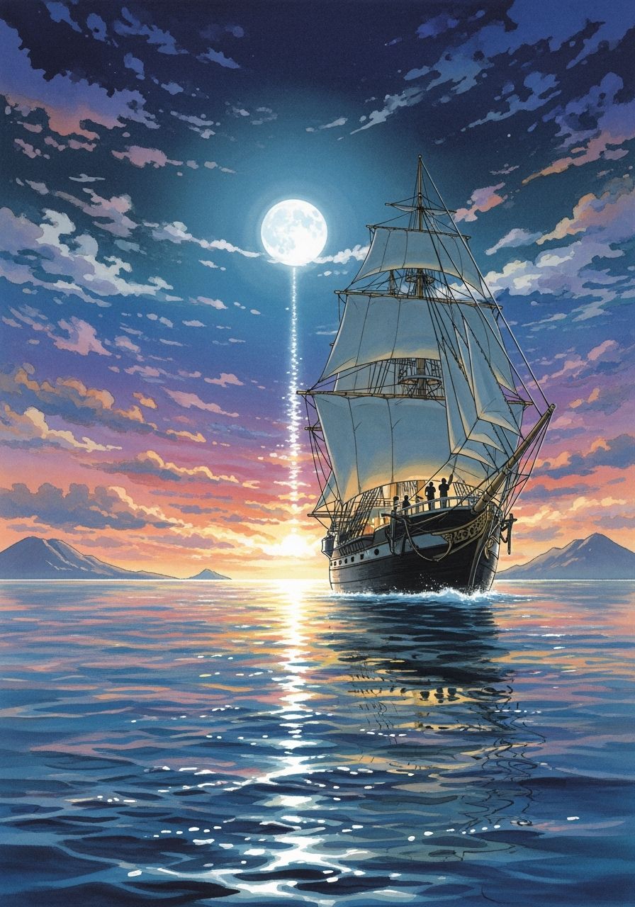 Majestic Ship on Moonlit Sea Near Cabo Verde