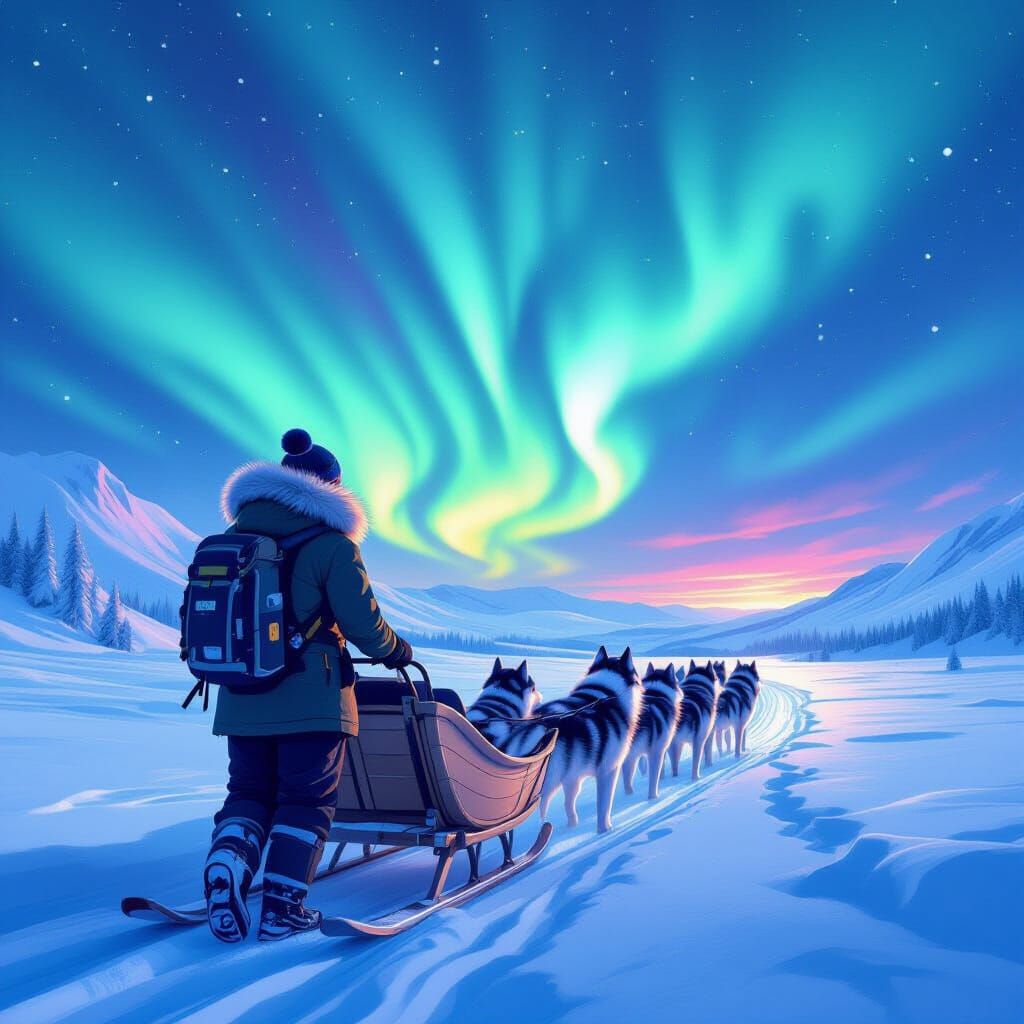 Husky Sledding Adventure Under Northern Lights