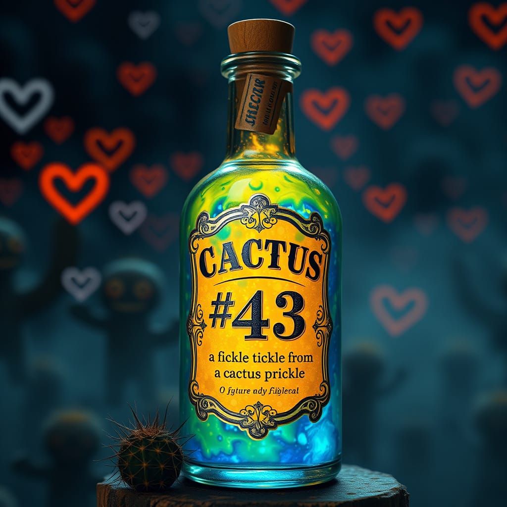 Cactus Potion Bottle in Ornate Label with Mystical Texture