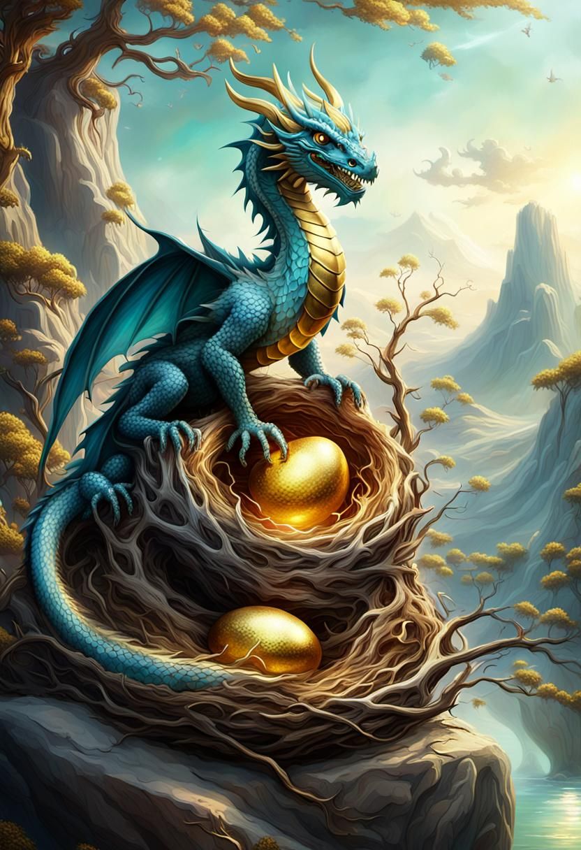 Dragon on Golden Egg in Surreal Landscape