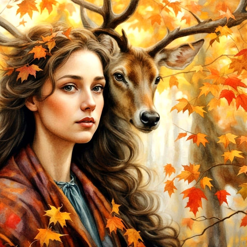 Celtic Nature Goddess Flidais with Deer in Autumn Forest