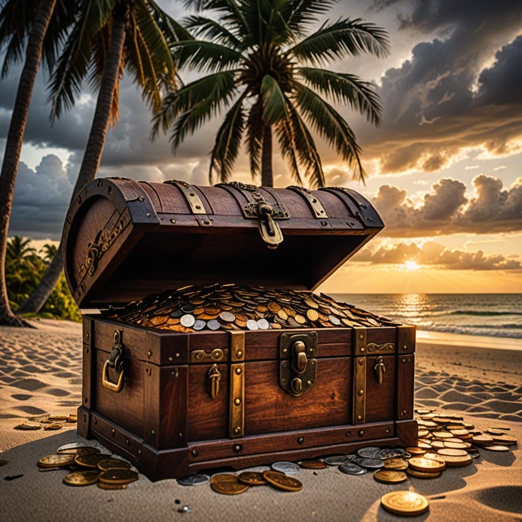 Sunset Treasure Chest on Stormy Beach