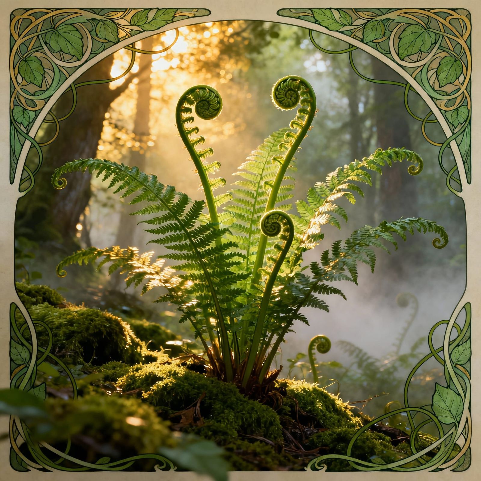 Art Nouveau Ferns Unfolding Gracefully in Woodland