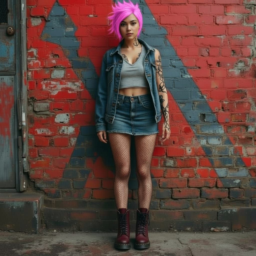 Aggressive Skinhead Girl in Denim and Dr. Martens