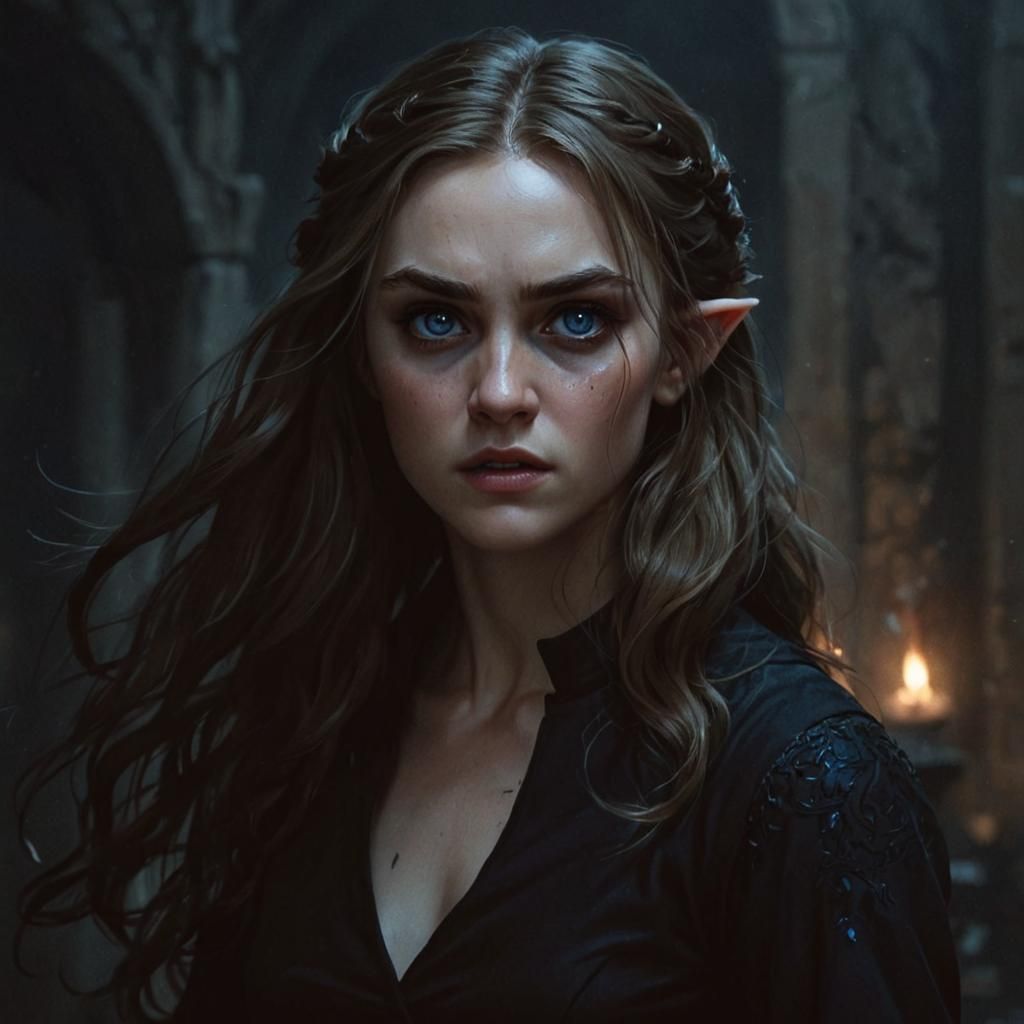 Detailed Portrait of an Angry Elf in Black Dress