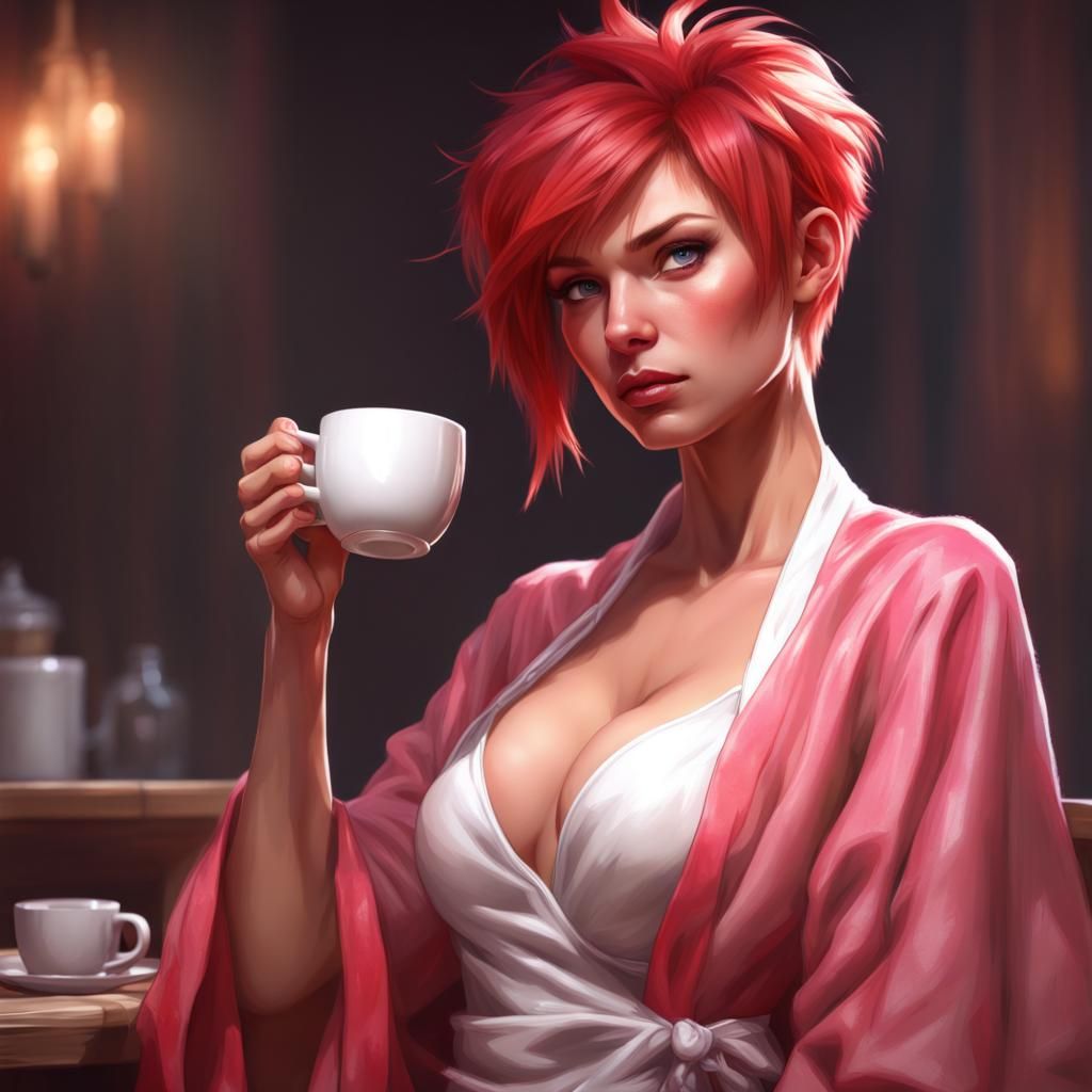 Woman with Red Hair Drinks Coffee: Art Nouveau Portrait