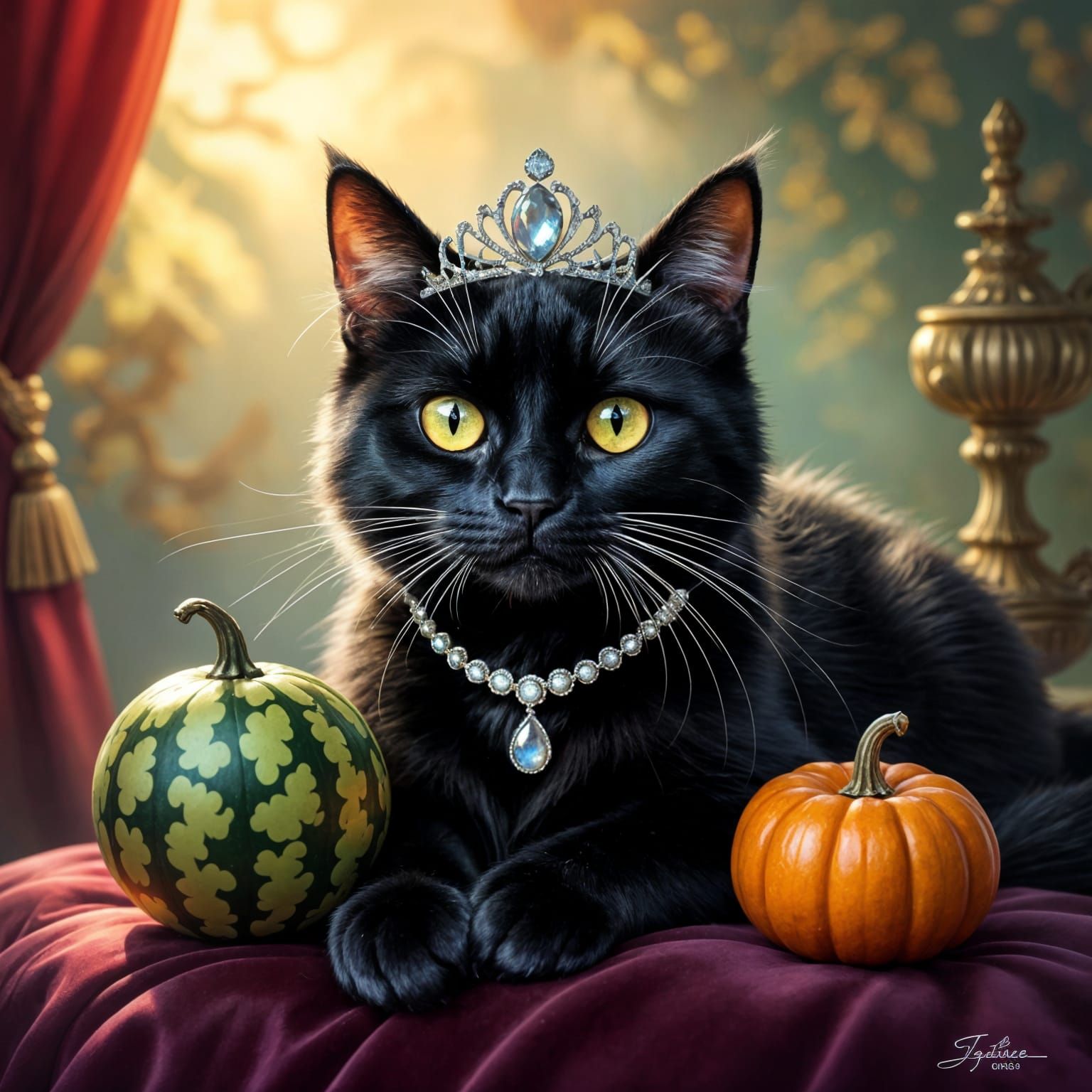 Regal Black Cat with Jeweled Tiara in Fantasy Art Style