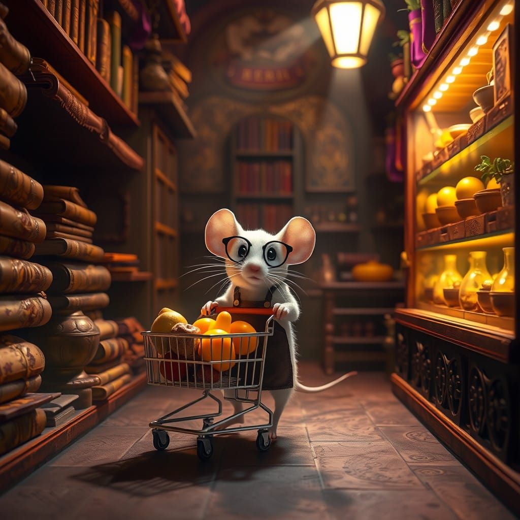Whimsical Dark Fantasy Scene in a Mystical Supermarket