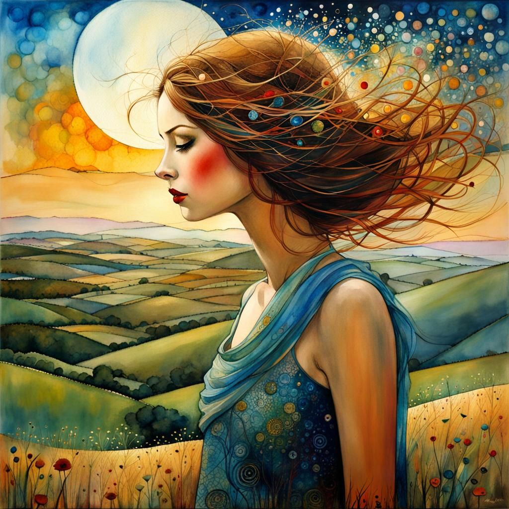 Girl on Windy Hill: Liquid Ink Watercolor Art