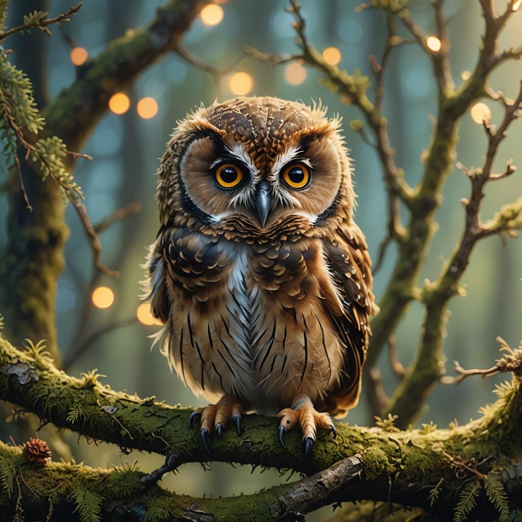Adorable Baby Owl on Branch in Fantasy Style
