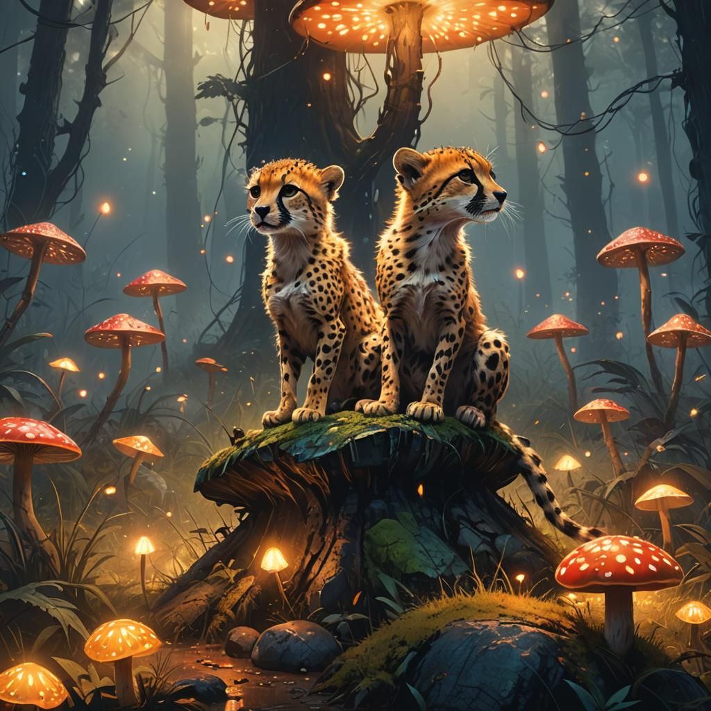 Baby Cheetah in Misty Forest, Fantasy Art