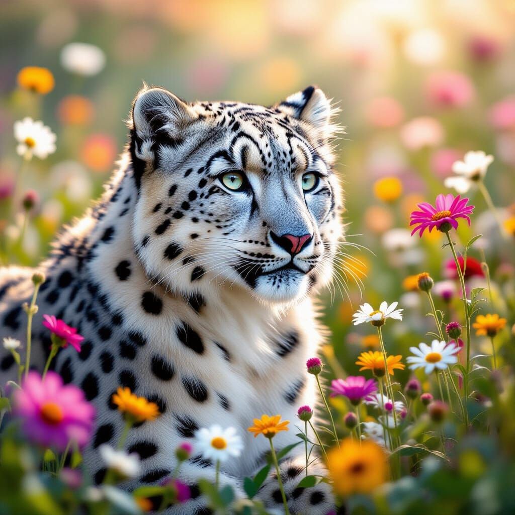 Snow Leopard in Wildflowers: Visionary Art Style