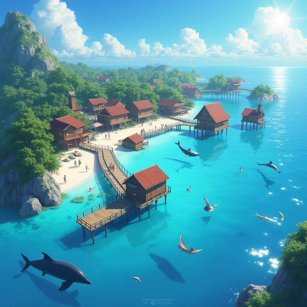 Vibrant Anime Village on Stilts in Azure Water