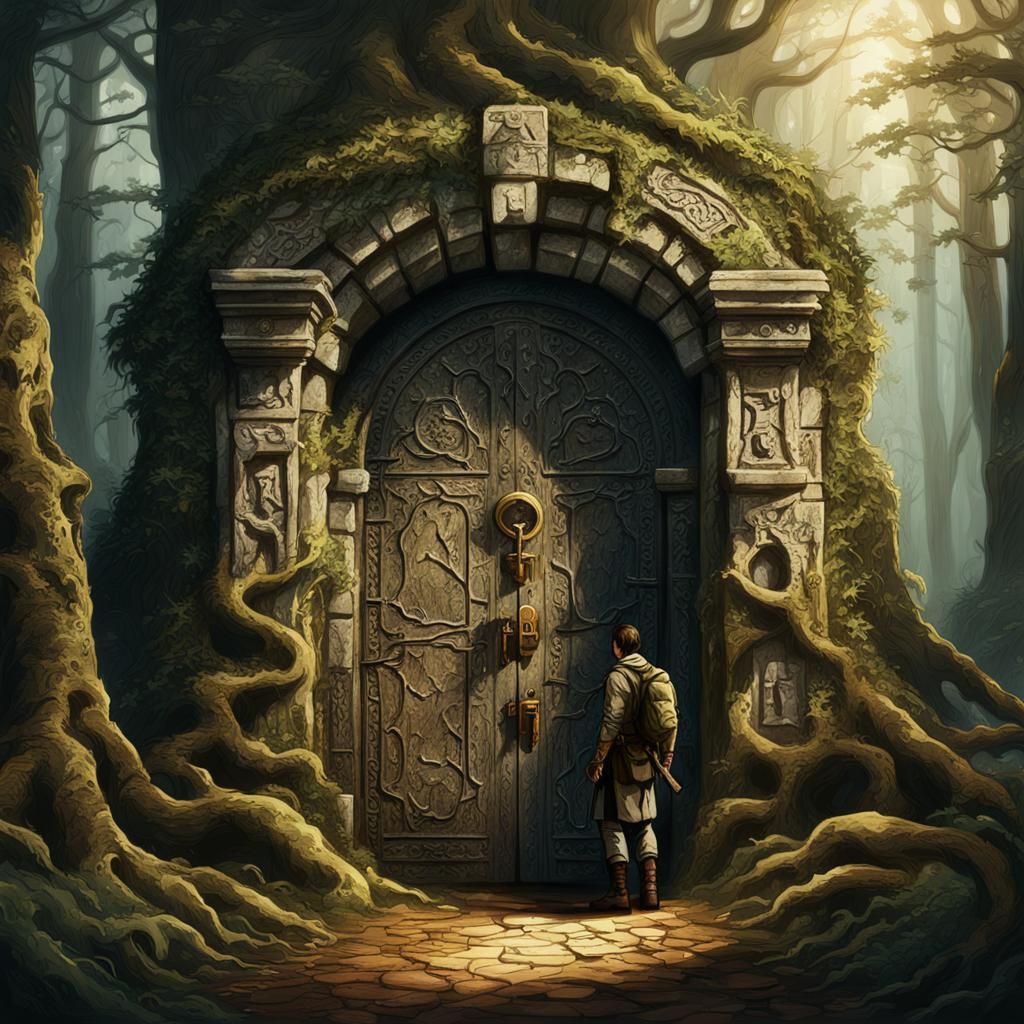 Adventurer with Key at Stone Door in Mystical Forest