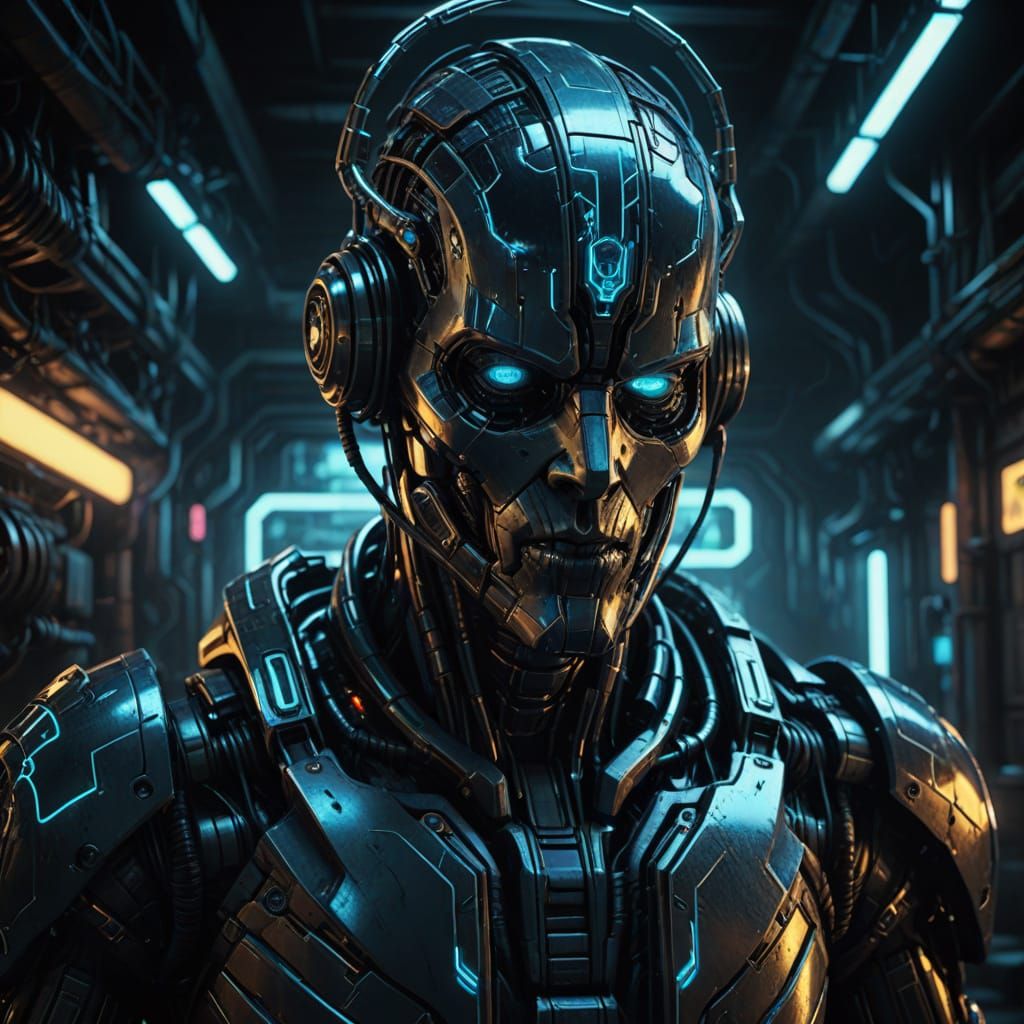 Cybernetic Humanoid Poses with V8 Engine in a Gritty, Indust...