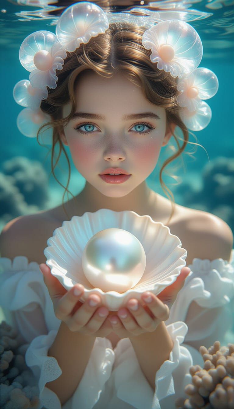 Jellyfish-Haired Girl with Pearl: Hyperrealistic Ocean Scene