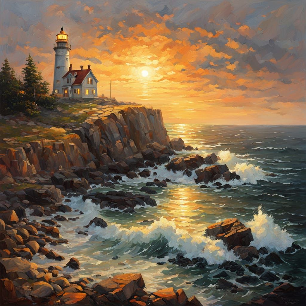 Lighthouse on Rocky Coast in Impressionist Style