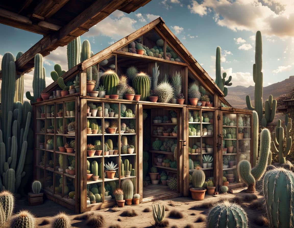Cacti Collection in Shed Window: Detailed 8K Photograph