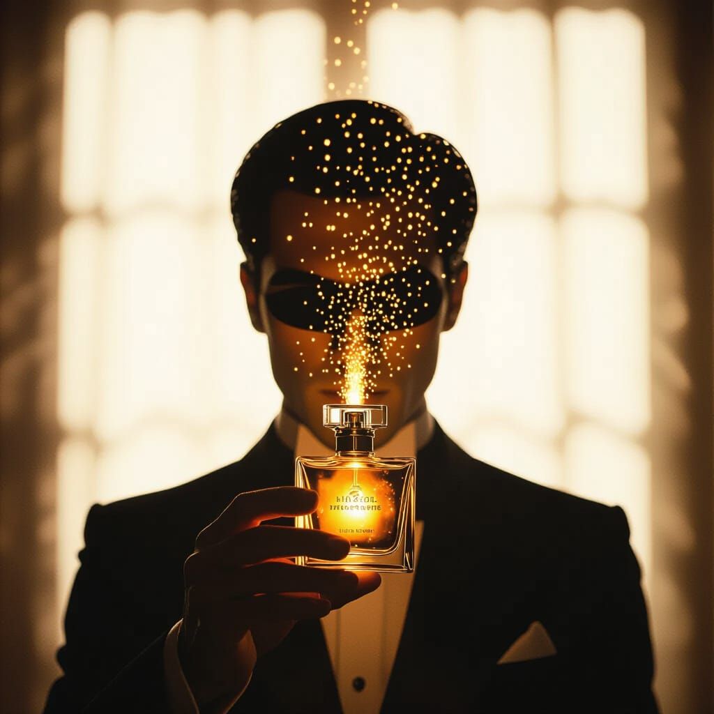 Elegant Figure with Glowing Perfume Bottle in Film Aesthetic
