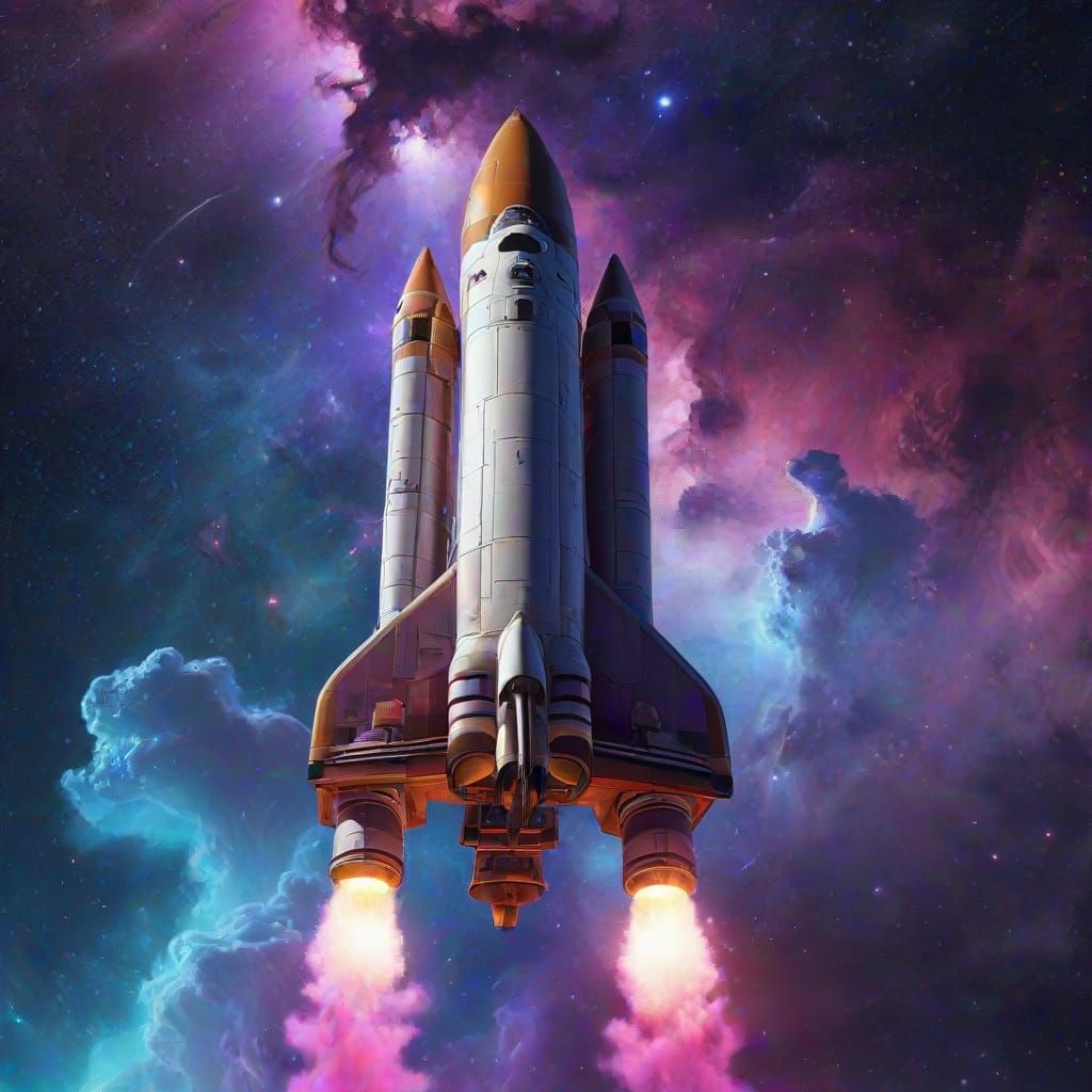 Rocket Launching into Nebula in Visionary Art Style
