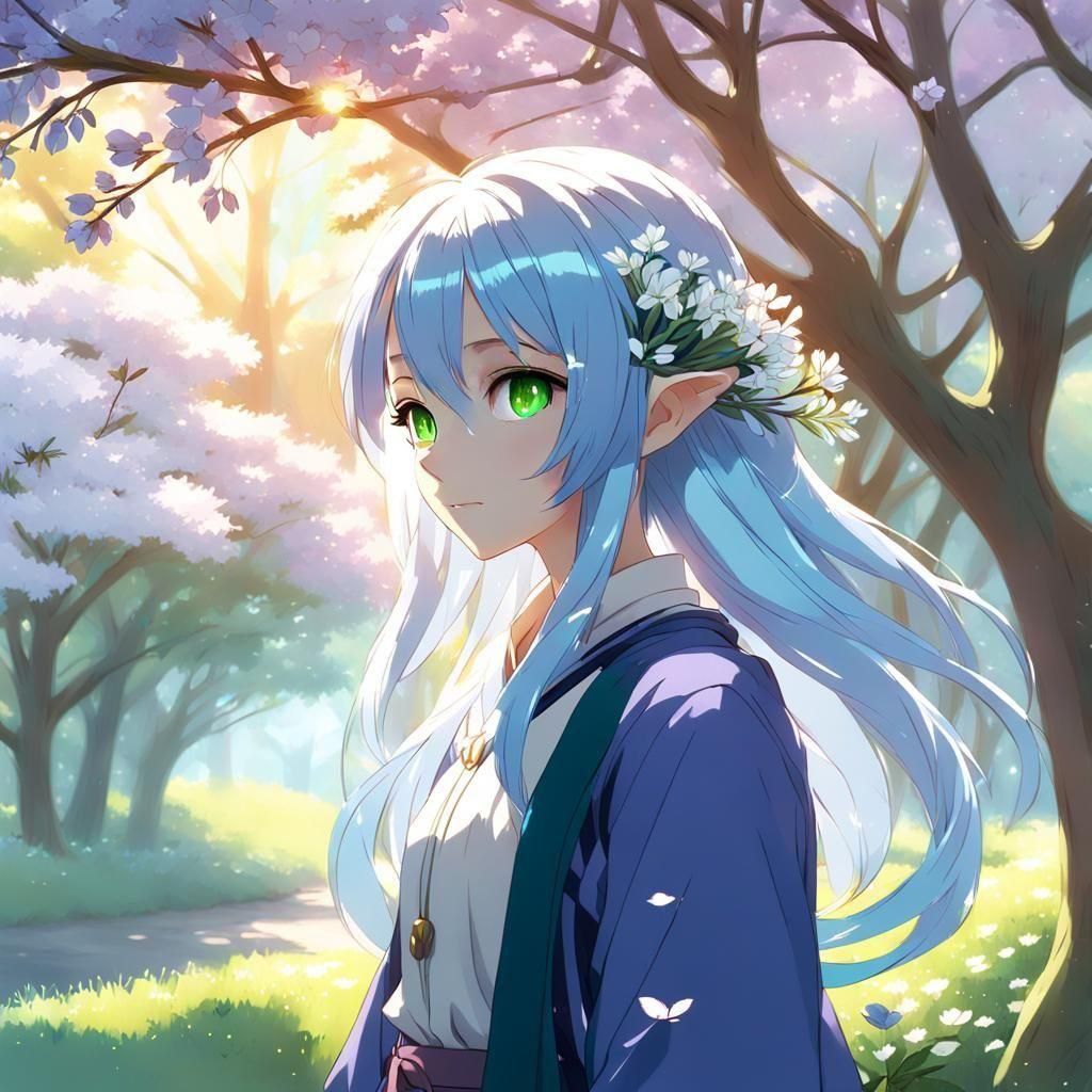Teen Elf with Blue Hair in Anime Style