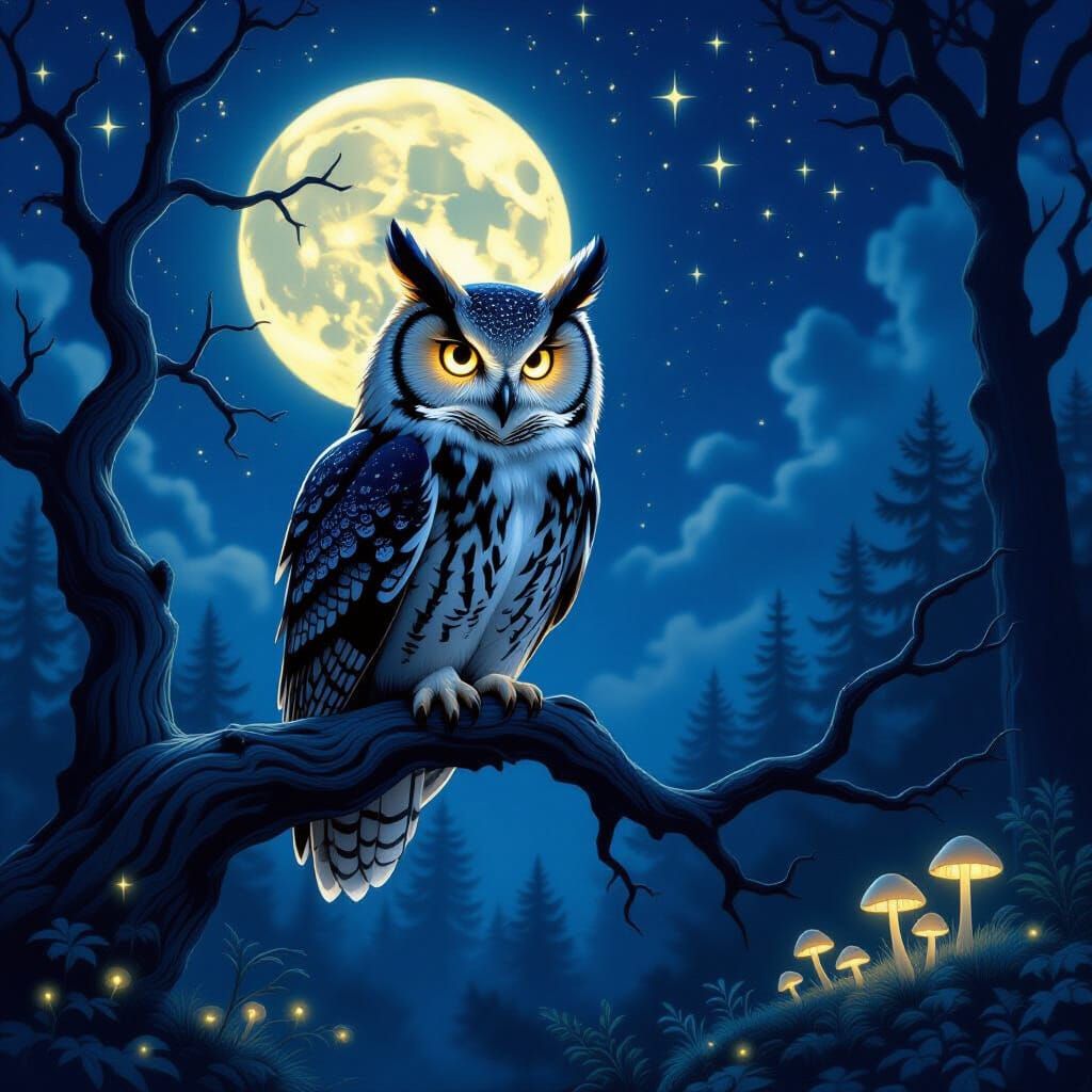 Majestic Owl Under Full Moon in Dark Fantasy Style