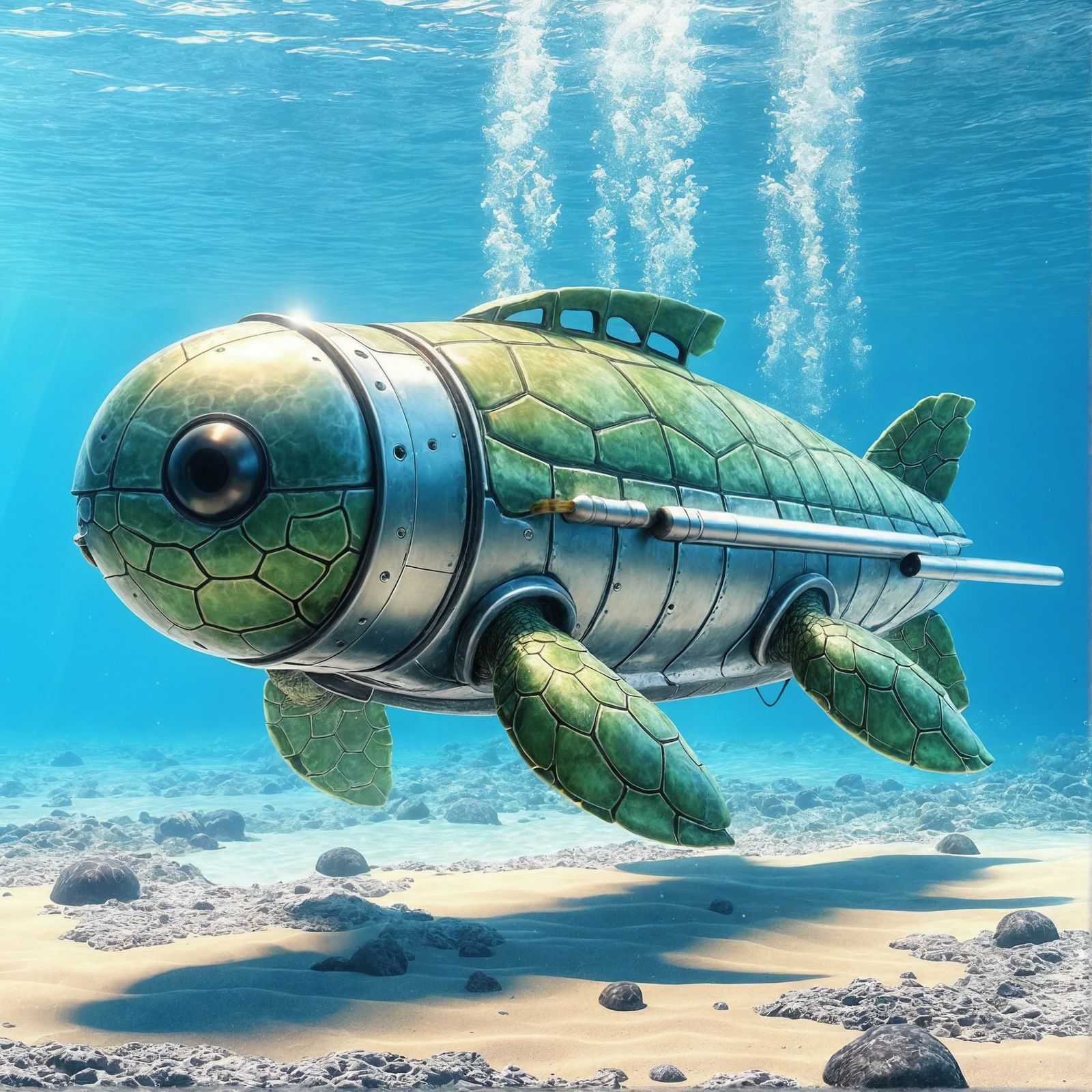 Cartoon Turtle Torpedo in Underwater Scene