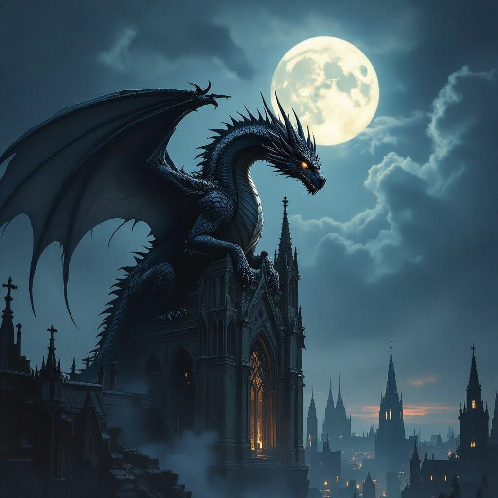 Ancient Dragon on Gothic Cathedral at Night
