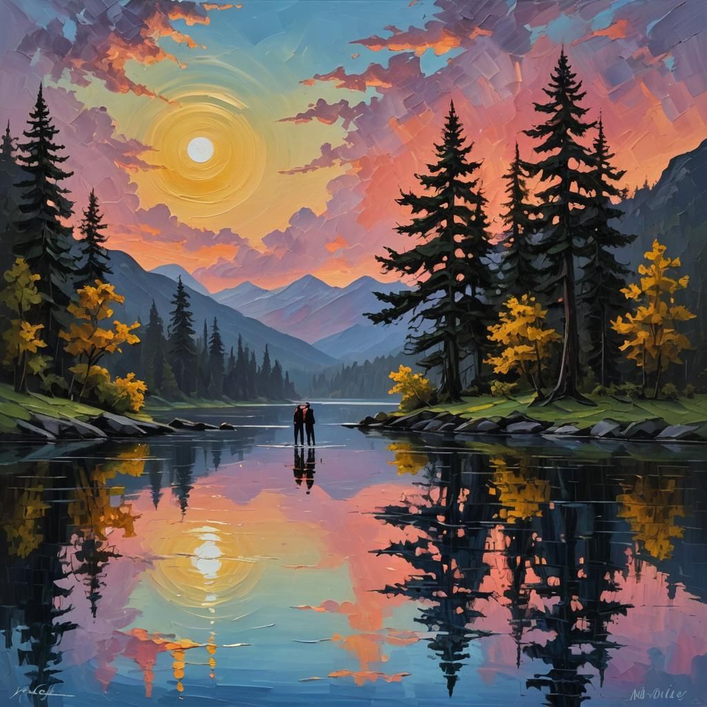 Impasto Painting of stunning fairytale couple by moonlit mirror lake at sunset