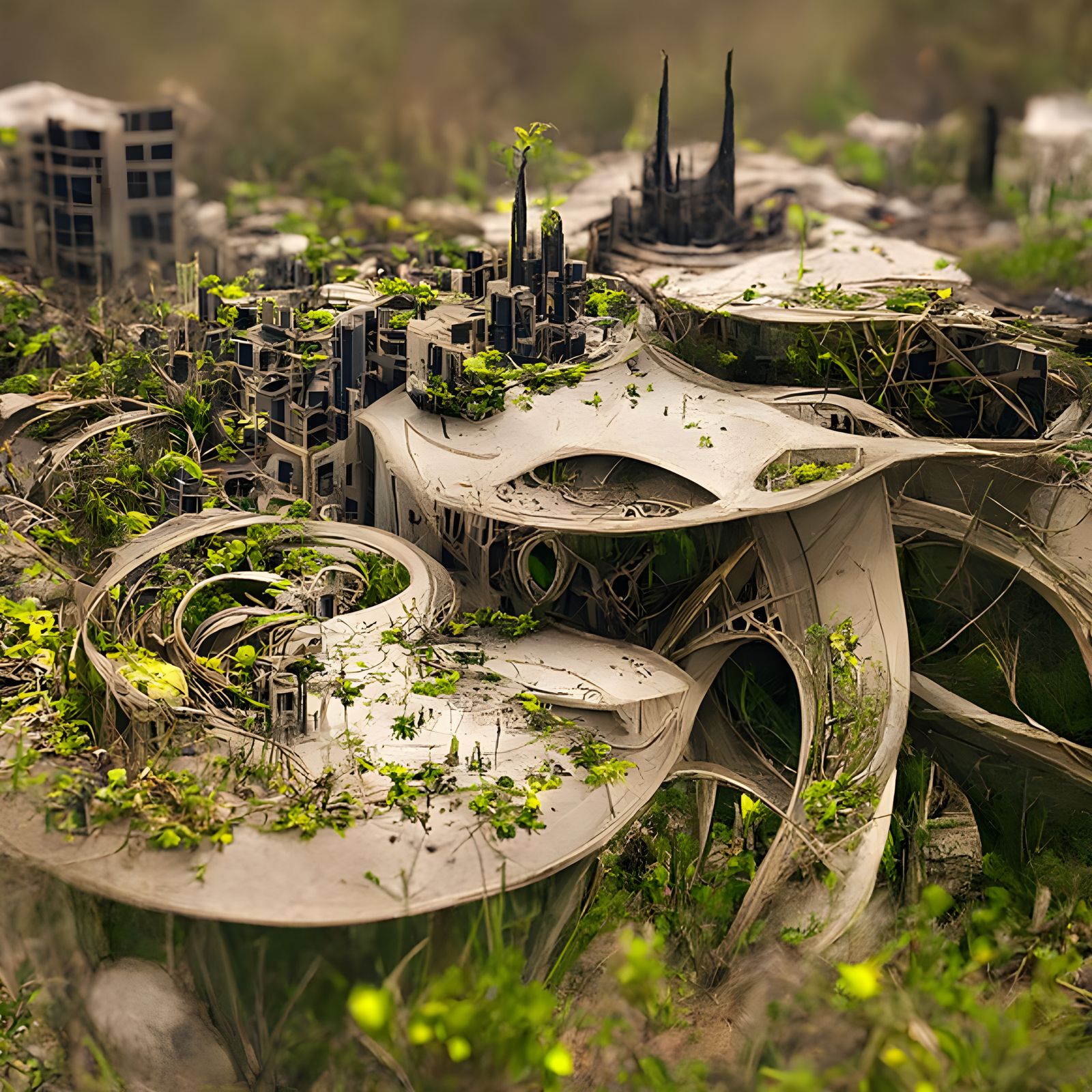 Ecological Biopunk Cityscape with Intricate Natural Design