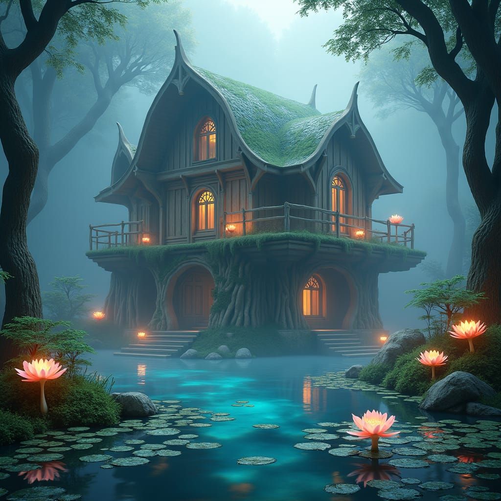 Mystical House of Water in Dreamlike Scene